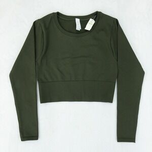 Aerie Offline Long Sleeve Crop Top Womens Small Green‎ Sidewalk Seamless Rib Hem